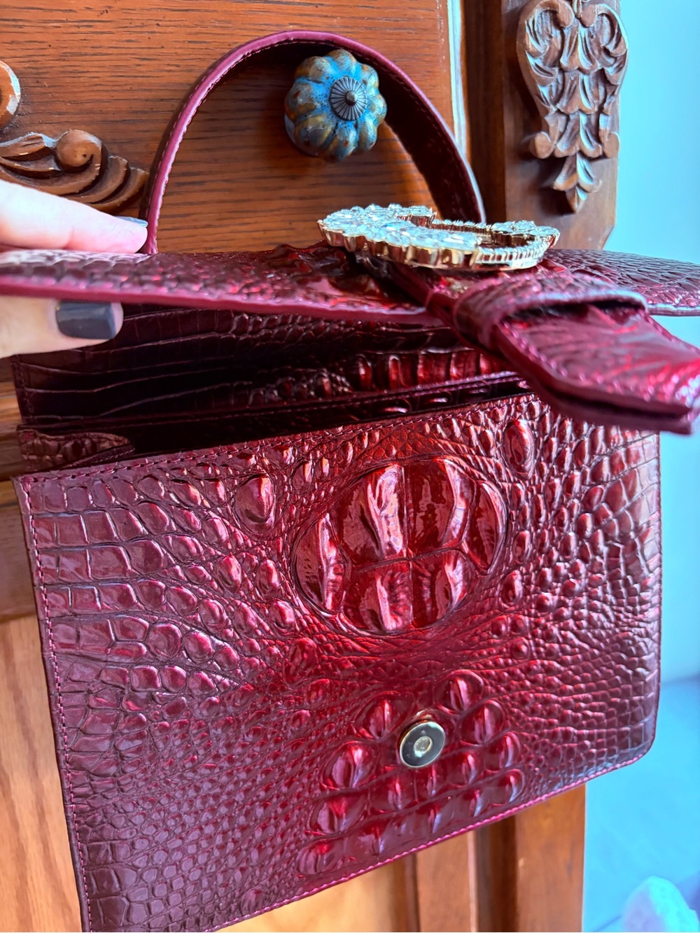 Brahmin Red Croc-Embossed Satchel with Swarovski Wreath Buckle, and Bird Charm - Picture 6 of 12